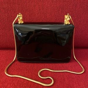 Morris Moskowitz Black Patent Evening Bag with Gold Leopards and Chain Strap